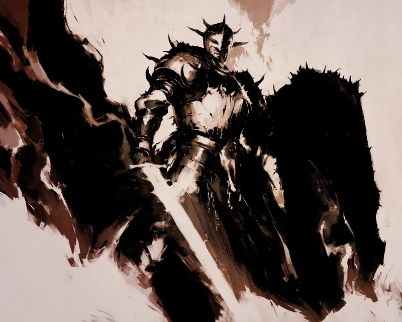Caballero de la plaga con armadura de pinchos, gran espada y capa negra. Pintura en sepia de Blizzard.